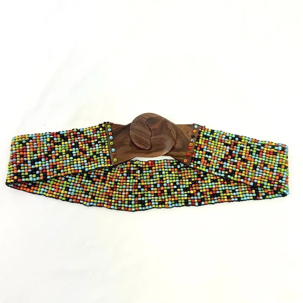 Colorful Seed Bead Wood Clasp Buckle Boho Festival Ethnic Tribal Stretch Belt